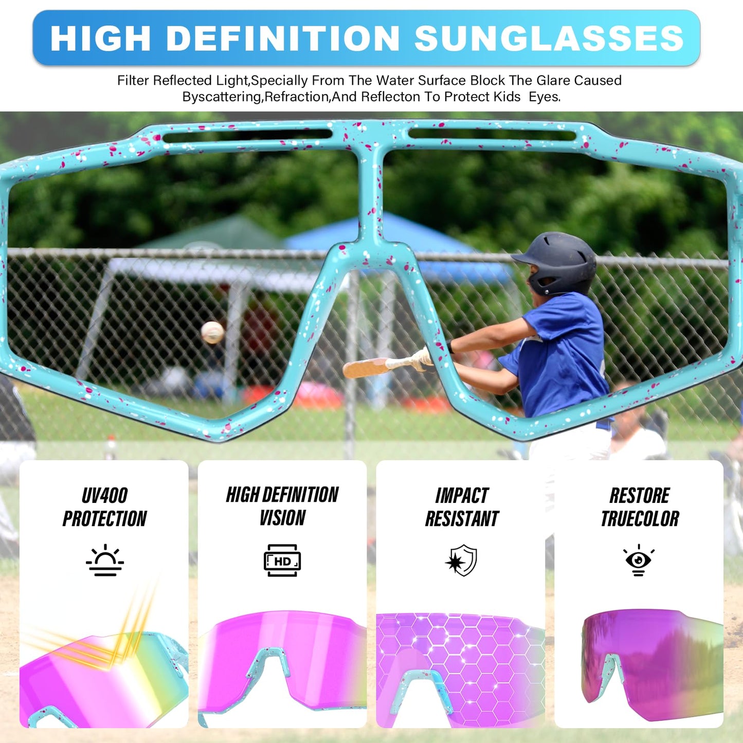 CMBJJU Kids Sunglasses,Youth Baseball Glasses for Boys Girls Age 6-14,Sports UV Protection Goggles (Red)