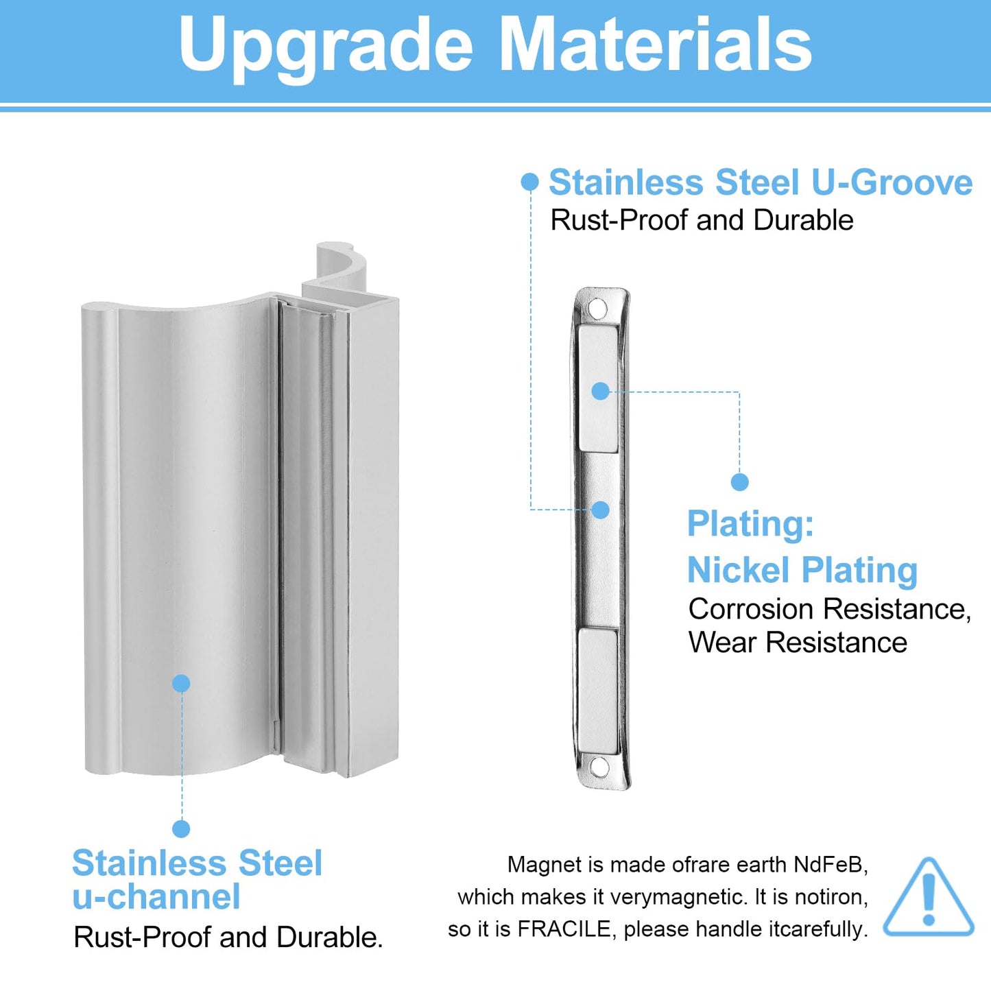 VYH 3" Aluminum Frameless Shower Door Handle with Metal Strike, Stainless Steel U-Channel with Magnet for Swing Glass Door Thickness 1/8",5/32",3/16," and 1/4", Shower Door Replacement