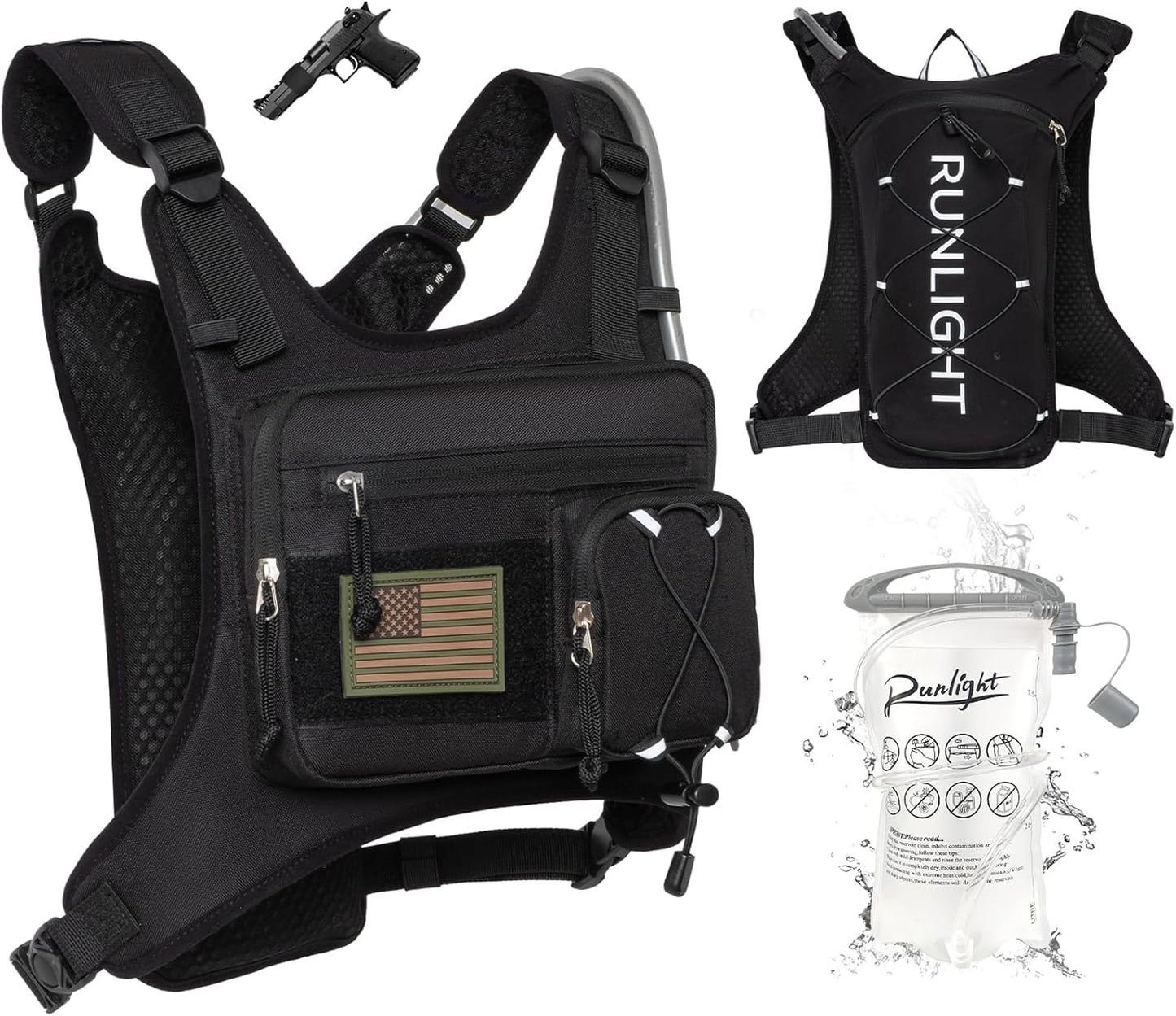 Runlight Running Vest - Lightweight Adjustable Hydration Pack with 1.5L Water Bladder & Pistol Holster