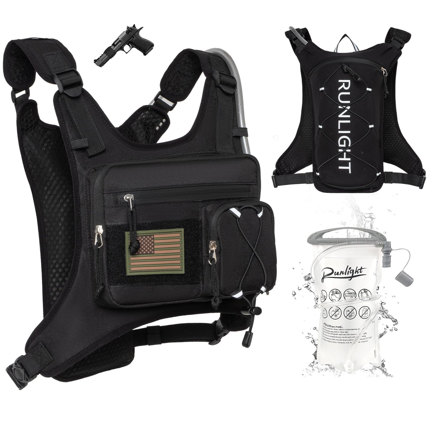 Runlight Running Vest,Lightweight Adjustable Chest Pack with Pistol Holster, Pack with 1.5L Water Bladder, Reflective Running Hydration Vest (Black, One Size)