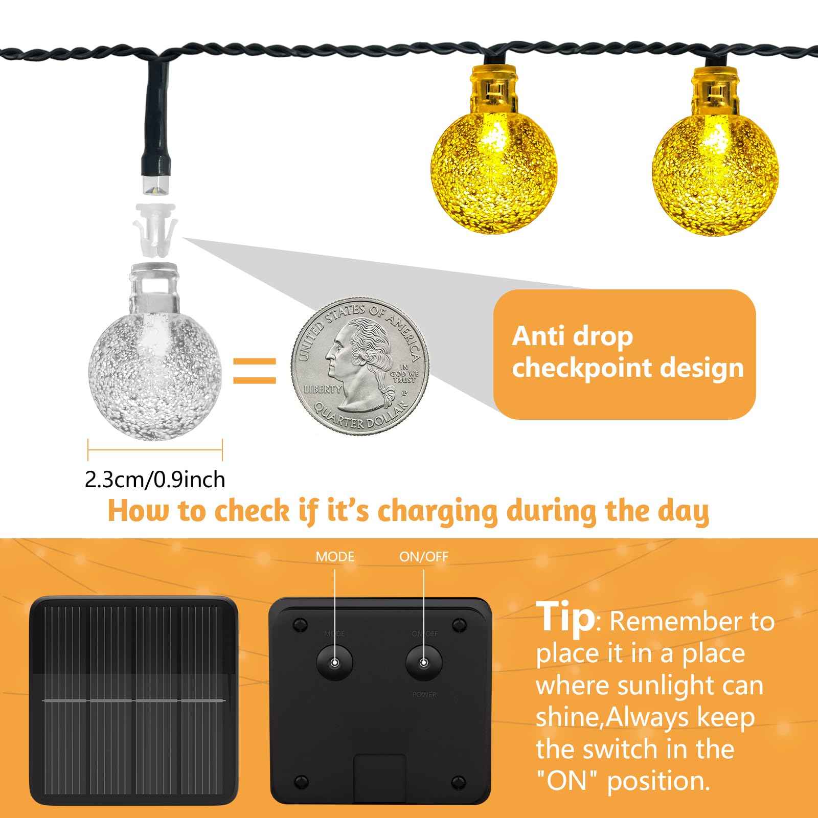 Selarlyt 2 Pack 120 LED Solar String Lights Outdoor Waterproof, 72 FT Crystal Globe Lights with 8 Lighting Modes, Solar Powered Light Outdoor for Garden Wedding Party Decor（Warm White）