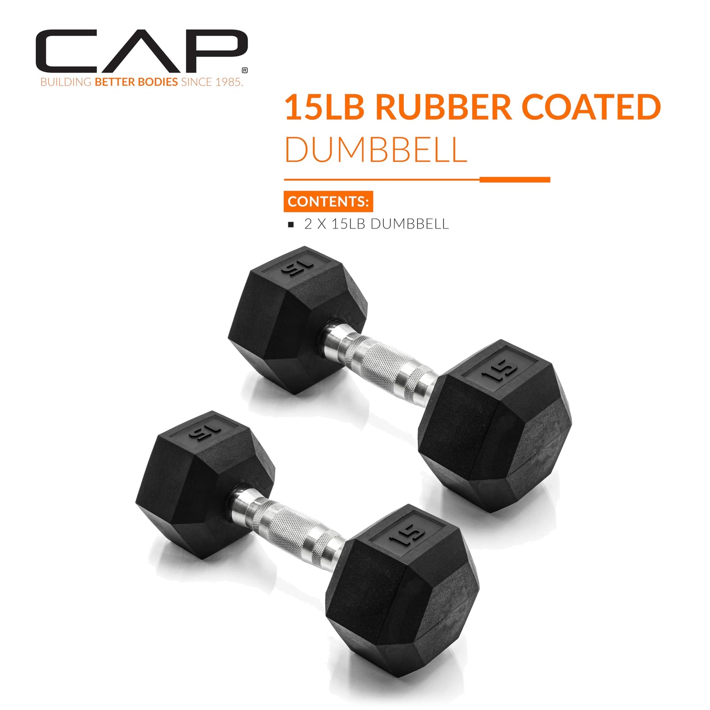 CAP 15 LB Rubber Coated Hex Dumbbell Weight, Rubber Free Weights for Home Gym Strength Training, Chrome Handle, Pair