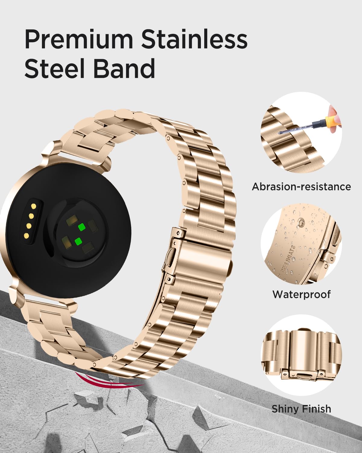 Miimall Metal Band Compatible for Garmin Lily 2/2 Active Band, Lightweight, Women Slim Luxury Stainless Steel Chain Replacement Bracelet Fancy Adjustable Wristband for Lily 2/2 Active, Champagne Gold