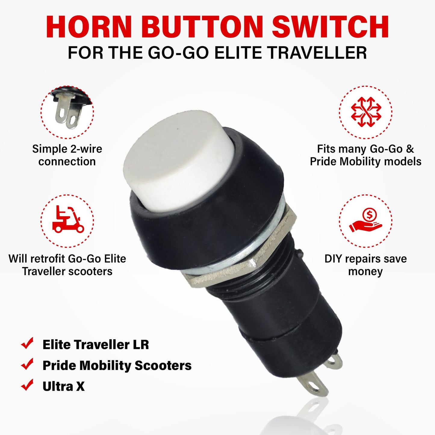 AlveyTech White Horn Button for Go-Go & Pride Mobility Scooters - Replacement Scooter 2-Pin Horn Button Momentary Switch, Direct Fit for GOGO Ultra X, Retro Fit Elite Traveller Series (SWTPSHB1000)