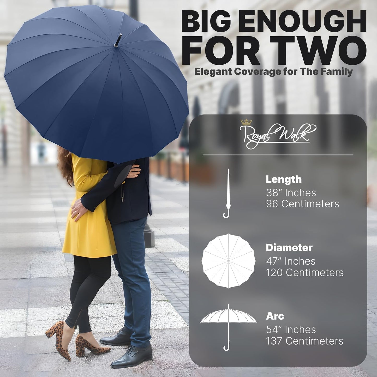 Royal Walk Large Windproof Umbrella for 2 - Navy Blue, 54 Inch, Auto Open, Wooden Handle