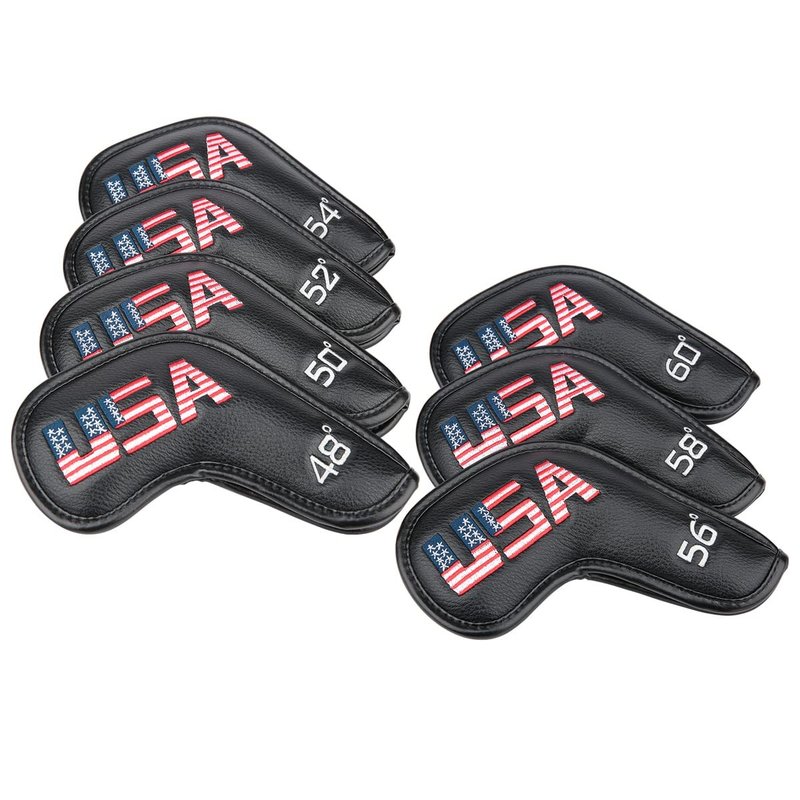 Golf Builder 7pcs/Set Black Leather USA Golf Club Wedge Head Covers fit R/H 48,50,52,54,56,58,60