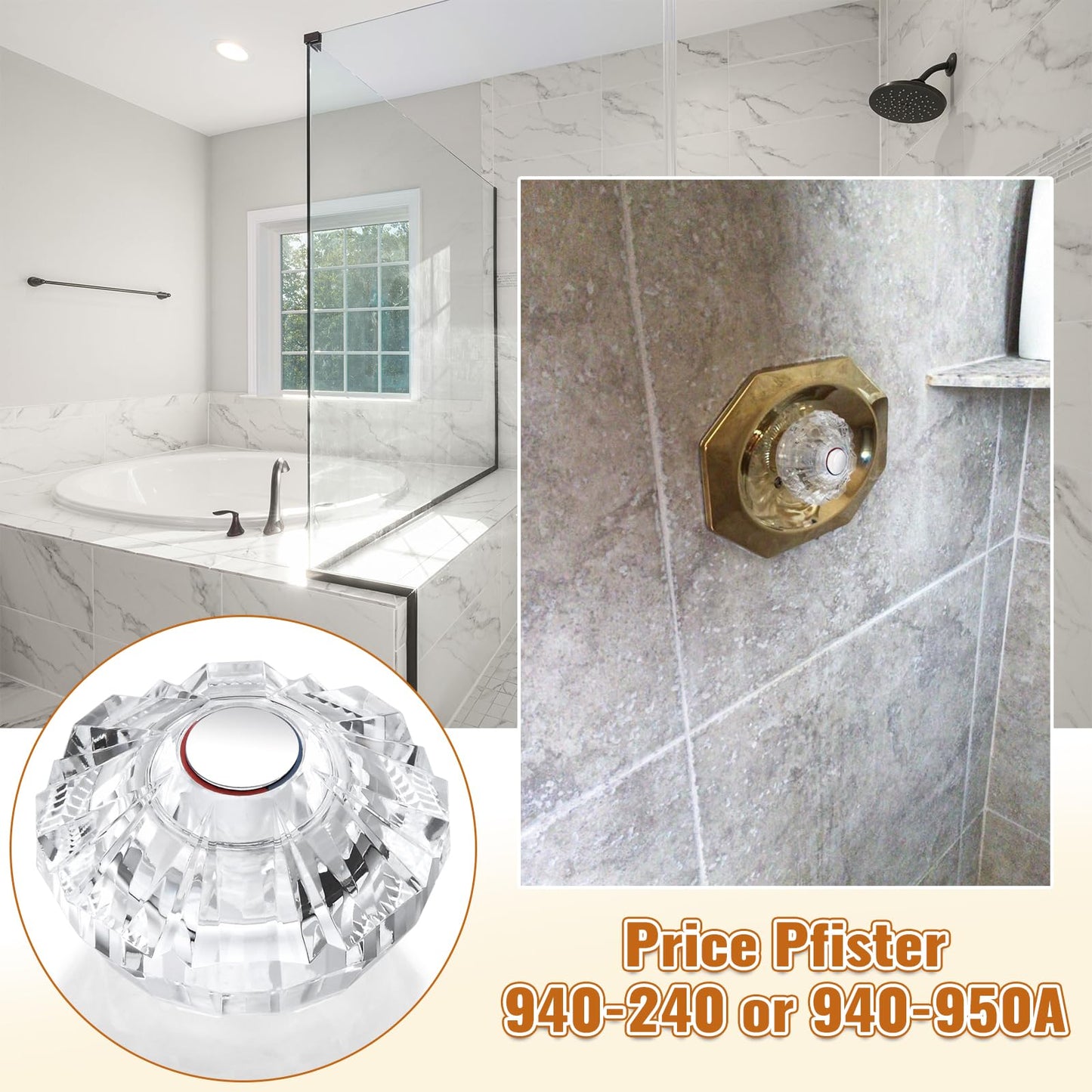 Single Shower Faucet Handle Replacement for Price Pfister Style Avante Series 940-240 or 940-950a, Clear Acrylic Shower Knob Replacement use for Bathroom Sink (940-950A)