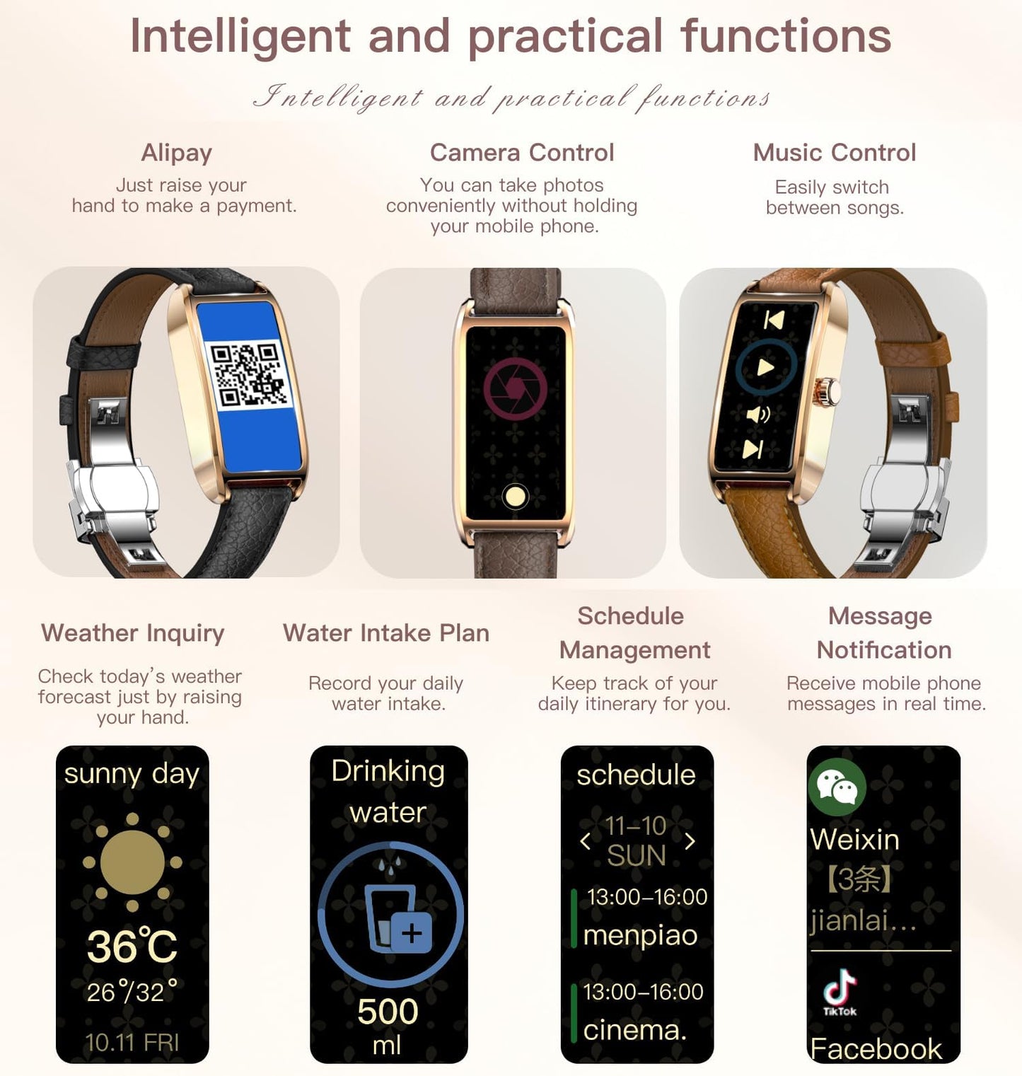 CNBRO Fitness Tracker for Women Ladies Fitness Watch Dressy Leather Strap Alloy Case Luxury Fashion Heart Rate Monitor Sleep Tracker Pedometer Step Counter Waterproof Elegant Smart Watches for Womens