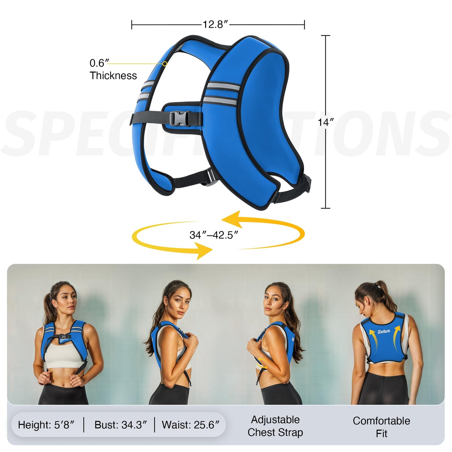 ZELUS Weighted Vest, Washable Z-Fit Soft Iron Weighted Vest for Women and Men, 5/10/15 lb Weight Vest with Reflective Strips & Adjustable Straps, Ultra Thin Weight Vest for Gym Strength Training (10lb) Light Blue