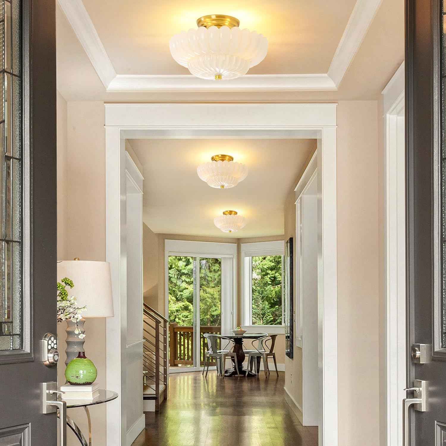 Modern Semi Flush Mount Ceiling Light Fixture with Brown Glass & Black Base - Ideal for Living Room, Kitchen, Bedroom, Hallway (Bulb Not Included)