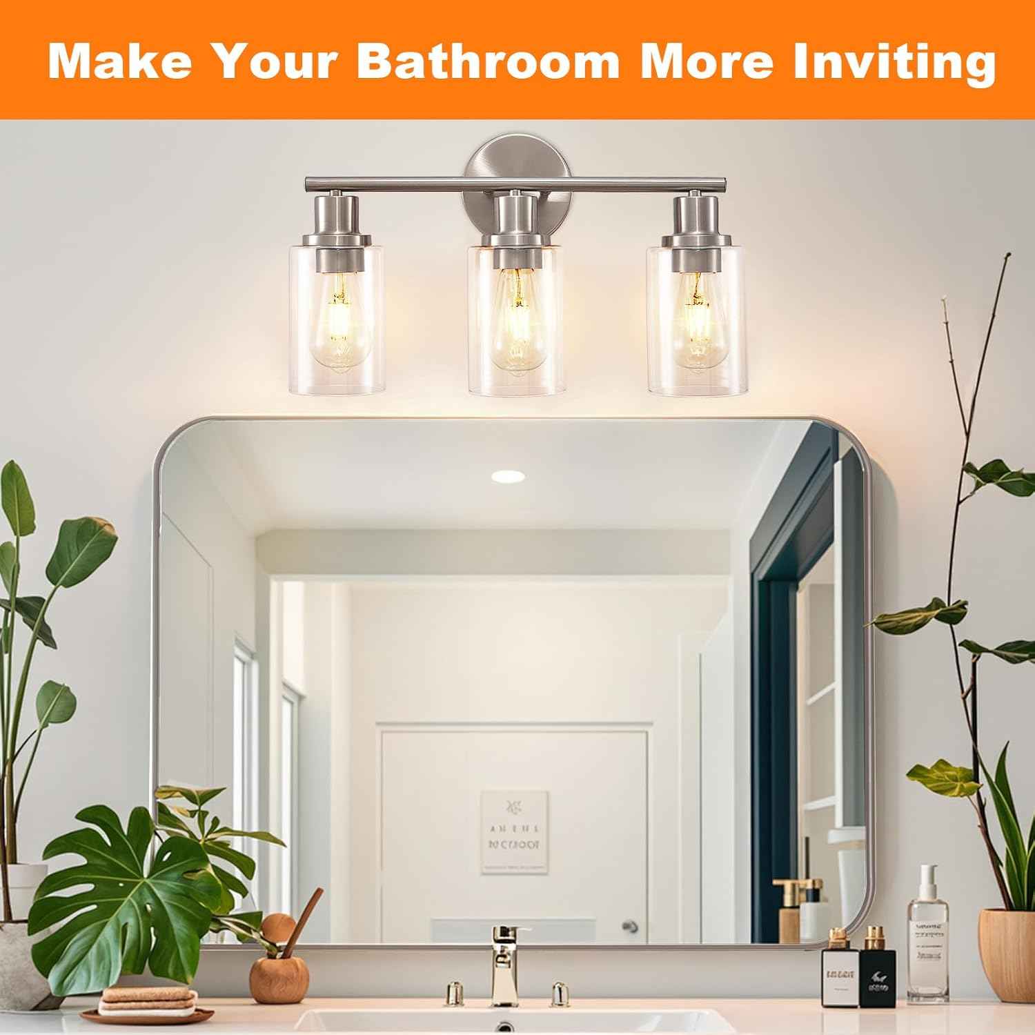 Modern Black 3-Light Bathroom Vanity Light Fixtures with Clear Glass Shades - 2 Pack