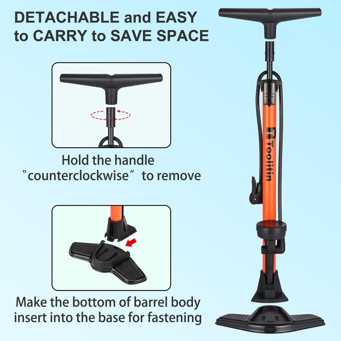 TOOLITIN Floor Bike Pump with Gauge,160 Psi High Pressure,Bicycle Pump Compatible with Presta and Schrader Valve,Bike Tire Pump for Road Bike,MTB,Hybrid,Balls