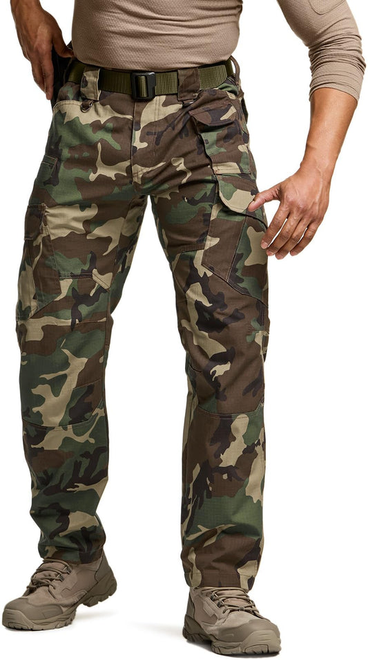 CQR Men's Tactical Pants, Water Resistant Ripstop Cargo Pants, Lightweight EDC Work Hiking Pants, Outdoor Apparel, Duratex Mag Pocket Print Woodland Camo, 38W x 30L