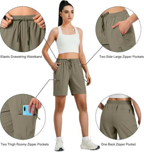 Hugut Women's Lightweight Hiking Cargo Shorts - Quick Dry, Water Resistant with Zipper Pockets | Ideal for Travel & Golf