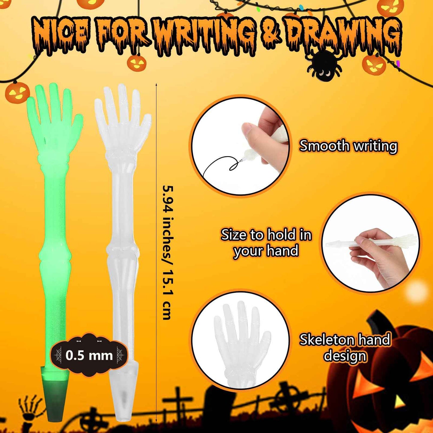 Seajan 120 Pcs Halloween Glow in the Dark Skull Bones Pens Novelty Nursing Pens Creative School Pens for Kids Students Artist School Office Birthday Halloween Party Supplies Black Ink