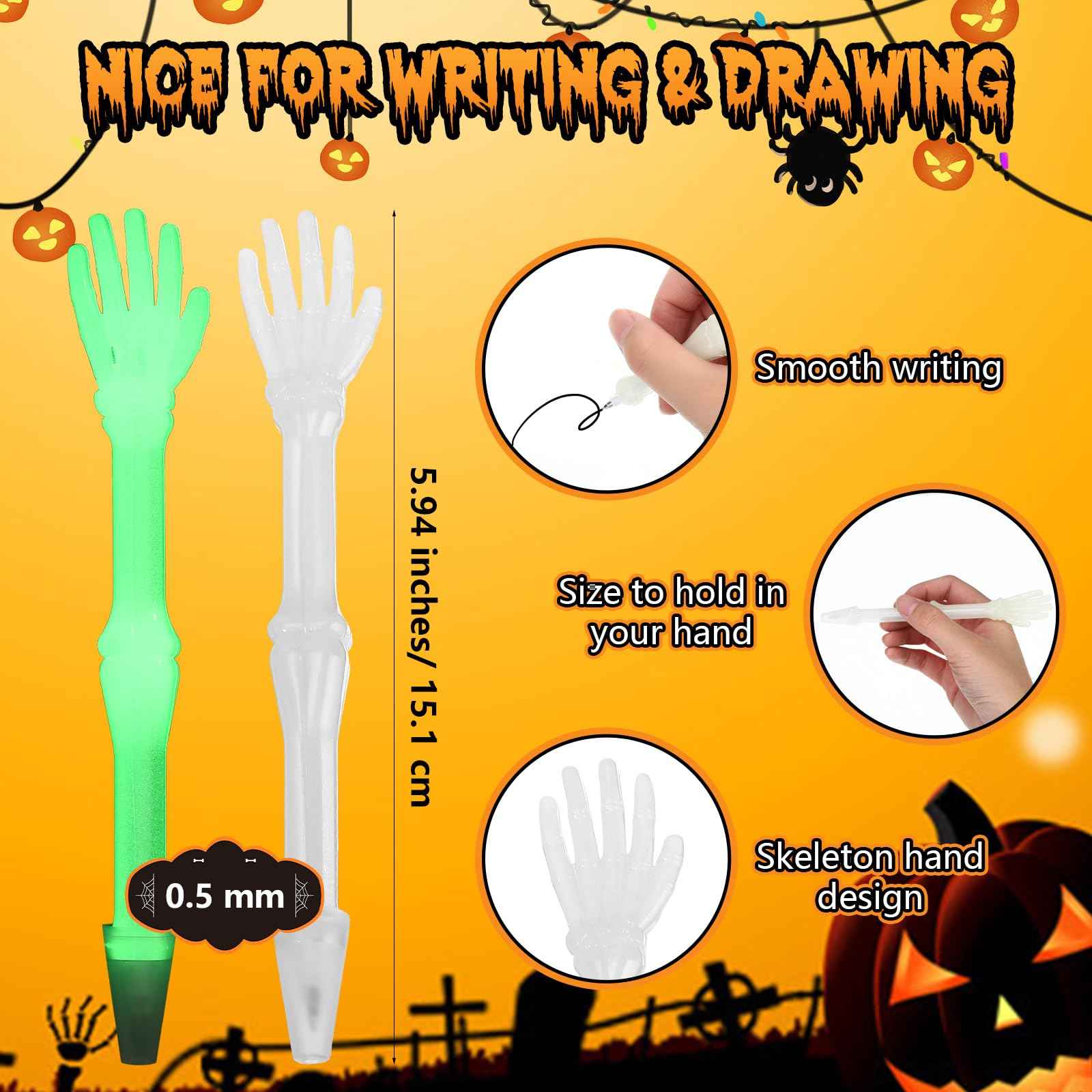 Seajan 120 Pcs Halloween Glow in the Dark Skull Bones Pens Novelty Nursing Pens Creative School Pens for Kids Students Artist School Office Birthday Halloween Party Supplies Black Ink