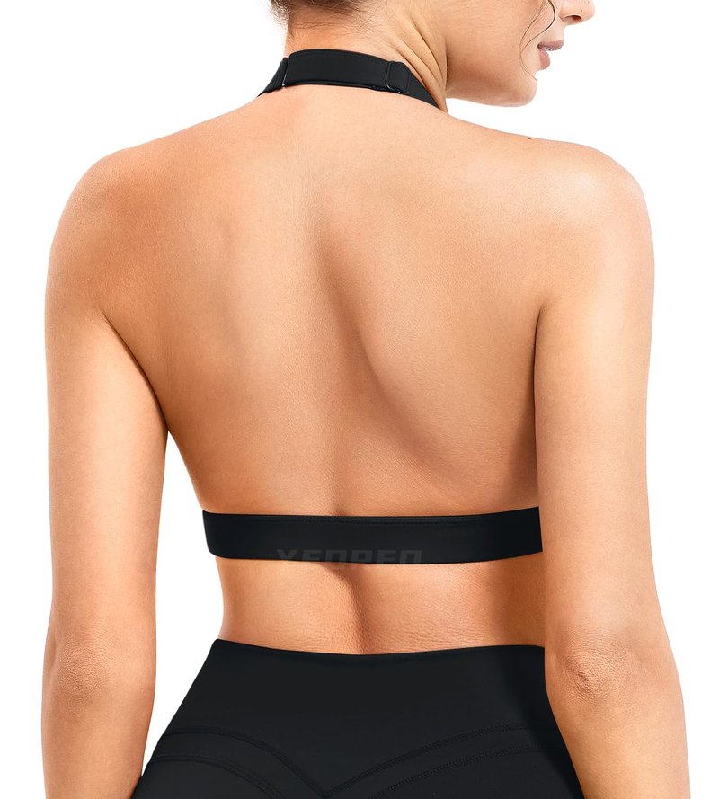 YEOREO Roxanie Women Halter Sports Bra Scoop Neck Removable Padded Open Back Yoga Workout Crop Tank Top Black M