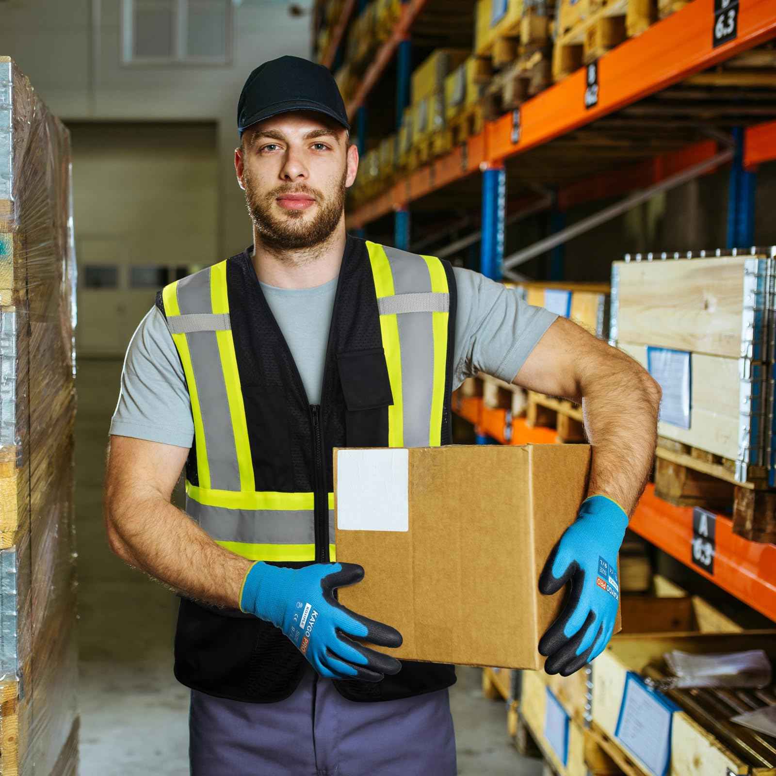 KAYGO Safety Work Gloves PU Coated for Men and Women, KG11P 12 Pairs Seamless Knit Glove with Two Fingers Touchscreen,Ideal for General Duty Work (Blue,M)