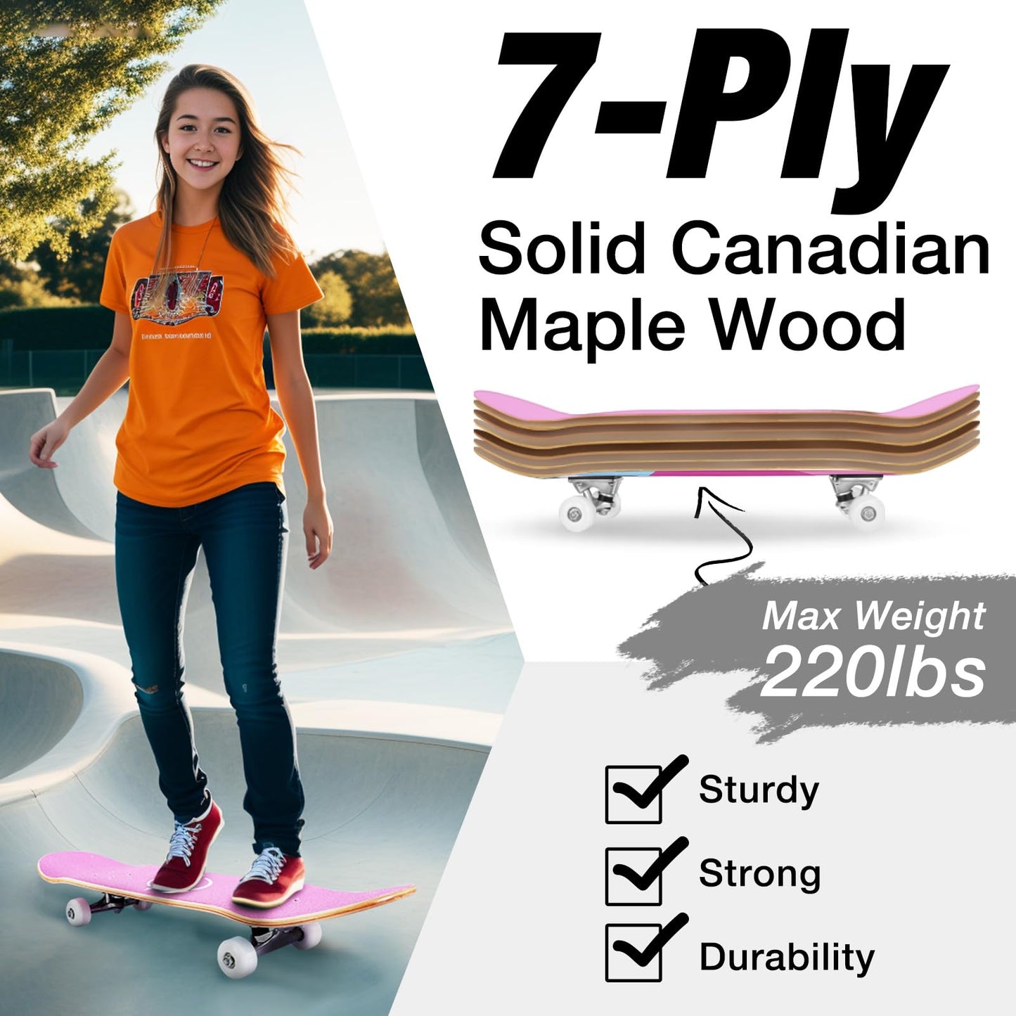 BELEEV Skateboards for Beginners, 31 x 8 inch Complete Skateboard for Kids Teens Adults, 7 Layer Canadian Maple Double Kick Deck Concave Cruiser Skateboard with Skate T-Tool(Light Pink)