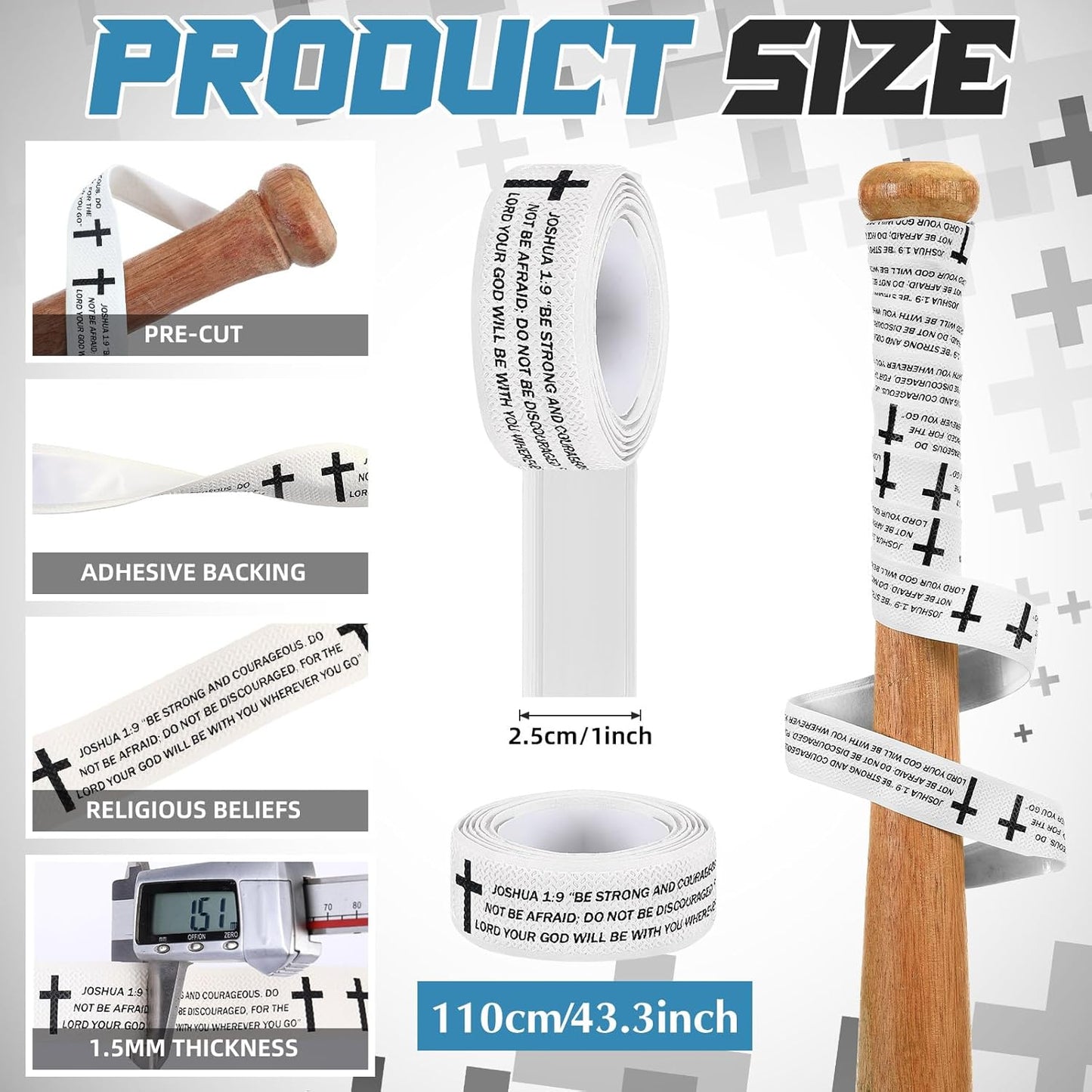 Pushglossy Christian Baseball Bat Grip Tape - 1.5mm Precut Full Adhesive Non-Slip Design with Faith Cross