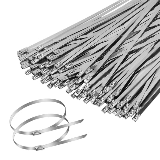 TOMSHUB 100 Pcs Metal Zip Ties 11.8 inch 304 Stainless Steel Zip Ties Heavy Duty Outdoor Multi-purpose Self-locking Cable Ties for Exhaust Wrap, Chain Link Fence, Machinery, Vehicles,Farms, Pipes
