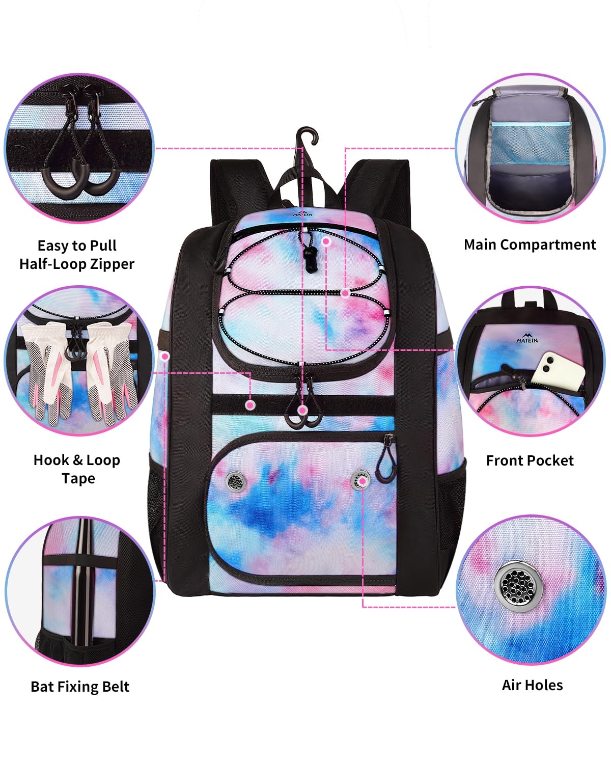 MATEIN Softball Backpack for Girls, Baseball Backpack Equipment Bag with Shoe Compartment, Softball Bat Bag Large Main Compartment Fit Gear & Accessories, Baseball Gifts