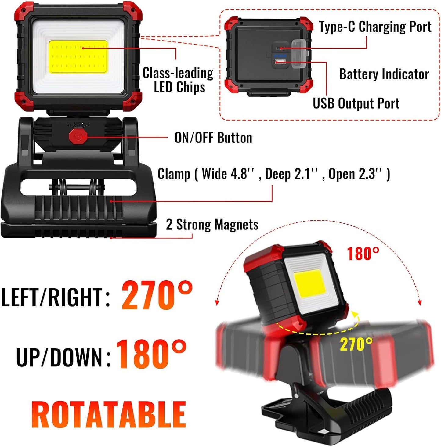 2100LM LED Rechargeable Work Light with Clamp - 2-Pack Magnetic Clip-On, 270° Rotating, Portable for Car Repair & Job Site Lighting