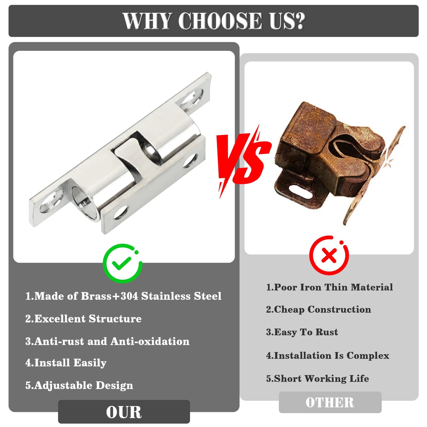 Alise Double Roller Catch Cabinet Latches,Adjustable Double Ball Tension Roller Catch Latch Brass Cabinet Door Latch,67mm Solid Metal Cabinet Latches and Catches,Pack of 4,Silver