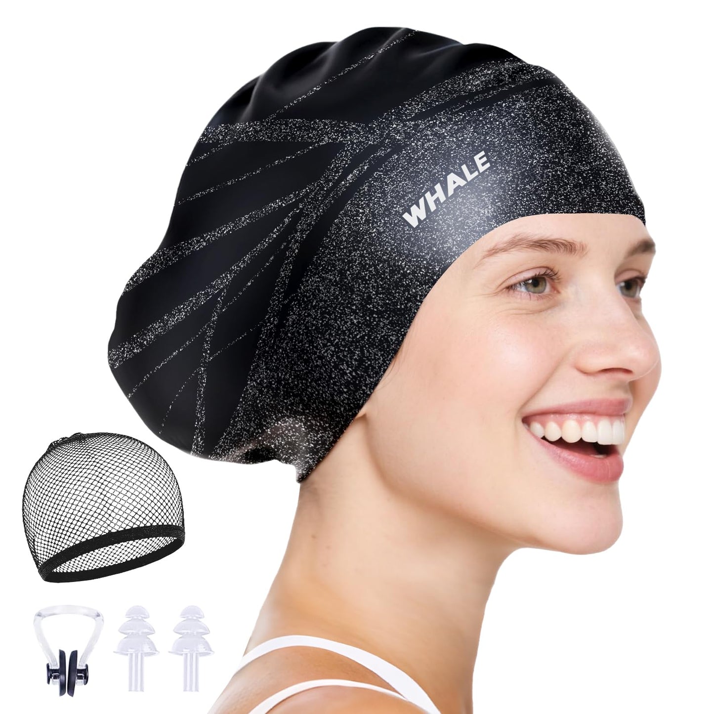 WHALE Extra Large Swim Cap Designed for Men and Women with Thick, Long Hair, Hair Extensions Or Afro-Textured Hair Long-Hair Swim Cap Highly Waterproof to Keep Hair Dry (Black)