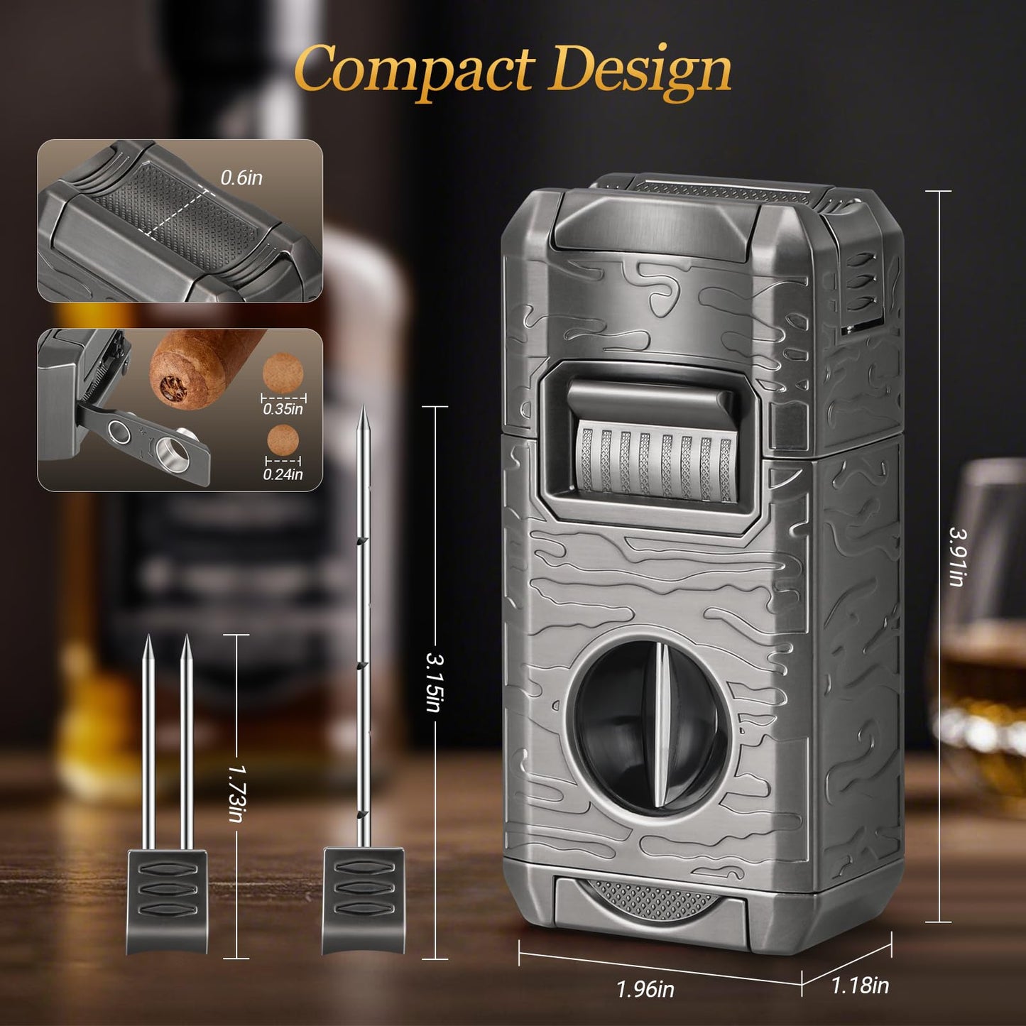 DXXULL Cigar Lighter, 7-in-1 Cigar Lighter Set: Dual-Flame Windproof, Visual Gas Window Adjustment, Built-in Dual Punch, V-Cut, Flat Cut, Cigar Holder and Smoking Set, Gift for Men (No Butane)