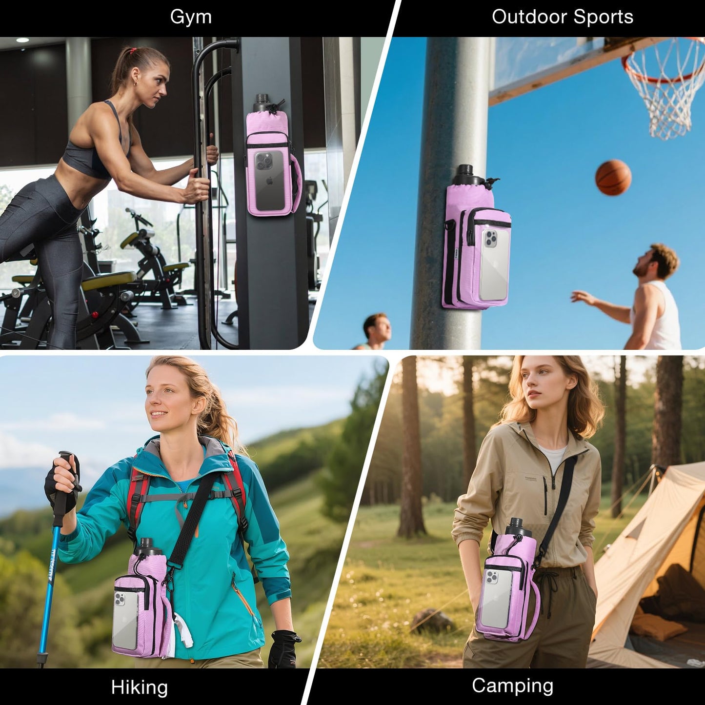 MoKo Magnetic Gym Bag, Magnetic Water Bottle Holder with Clear Phone Pouch, Built-in 4 Magnets Fitness Bag for Men and Women Compatible with Most Water Bottles, Gym Accessories Gifts, Purple