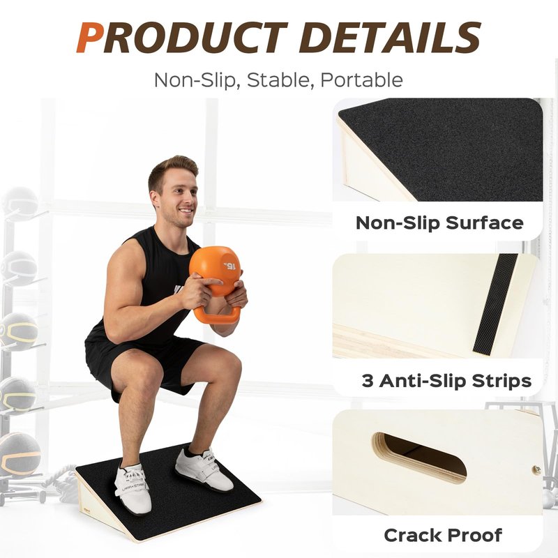 StrongPal Wooden Slant Board for Squats & Calf Stretching – 19.6" Extra-Wide Non-Slip Surface, 1000 lbs Capacity, Durable Strength Training Wedge for Lower Body Workouts & Flexibility Training