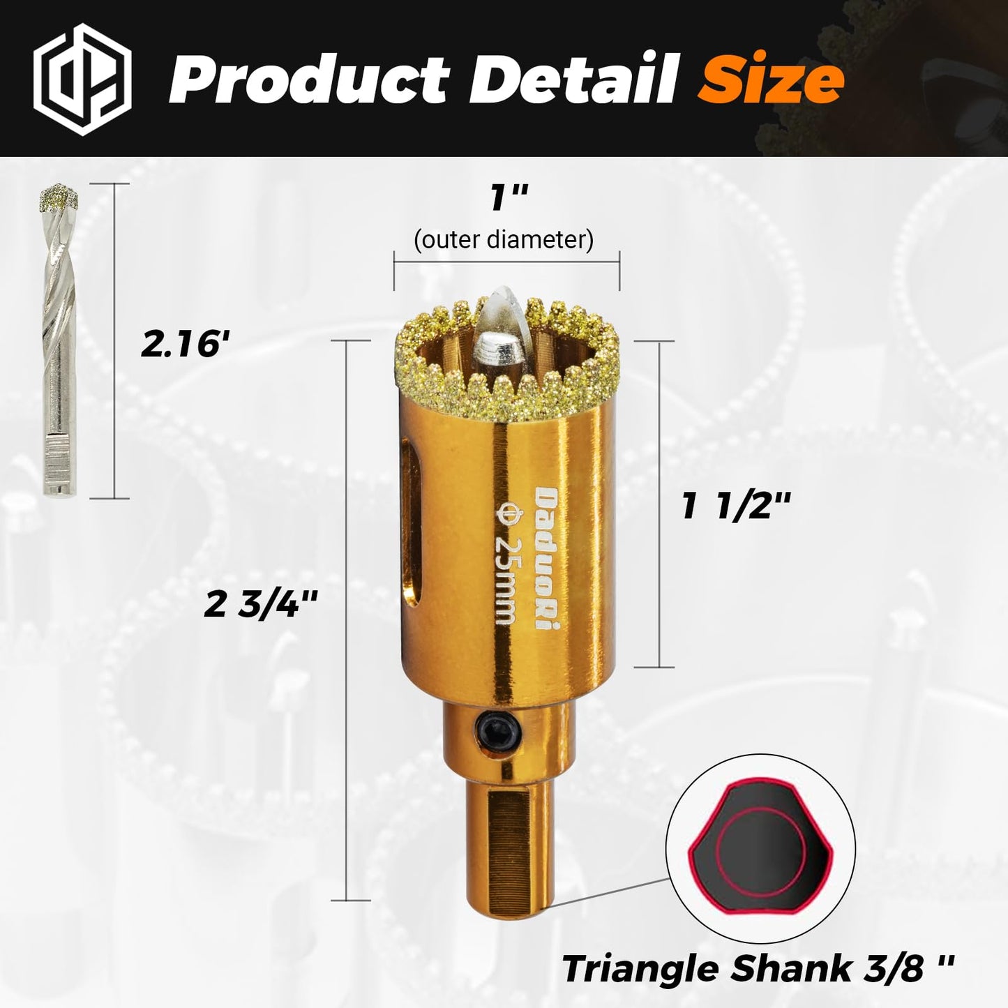 DaduoRi 1" Serrated Diamond Hole Saw with 2Pcs Removable Pilot Bits, Easy-Align for Precise Drilling in Porcelain, Ceramic Tile, Granite, and Marble (1 inch Granite Drill Bit)