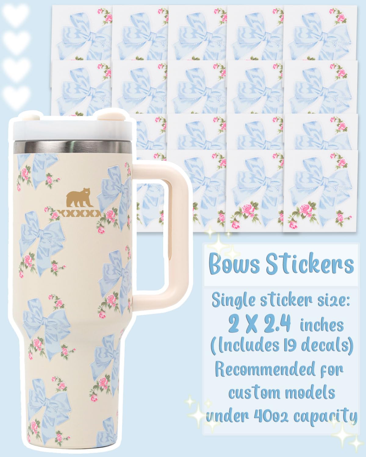 Kaitiaki Bows Stickers Compatible with Stanley Tumbler Accessories - Fits Holiday Quencher Tumbler 40 oz, Cute Decals Fit for Loveshackfancy Style Customization (Rosa Beaux Blue, 40 oz)