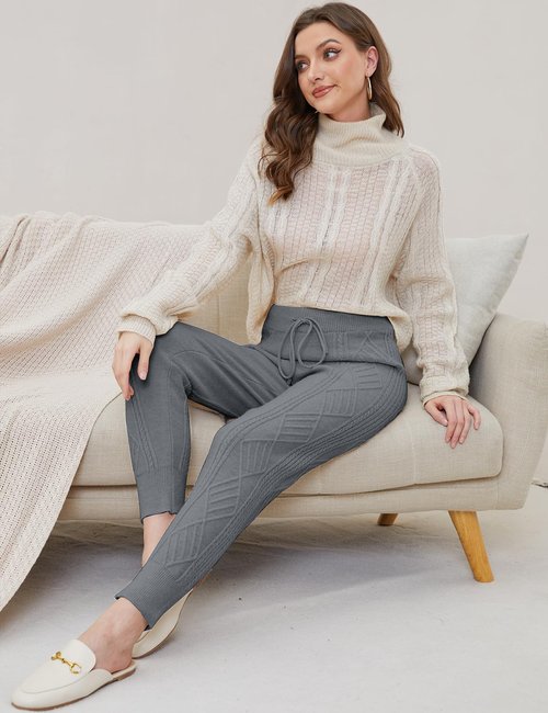 Gihuo Women' s Cable Knit Sweater Pants Long Knit Harem Pants Joggers Drawstring Elastic Waist Stretchy Knit Pants(Grey-Medium)