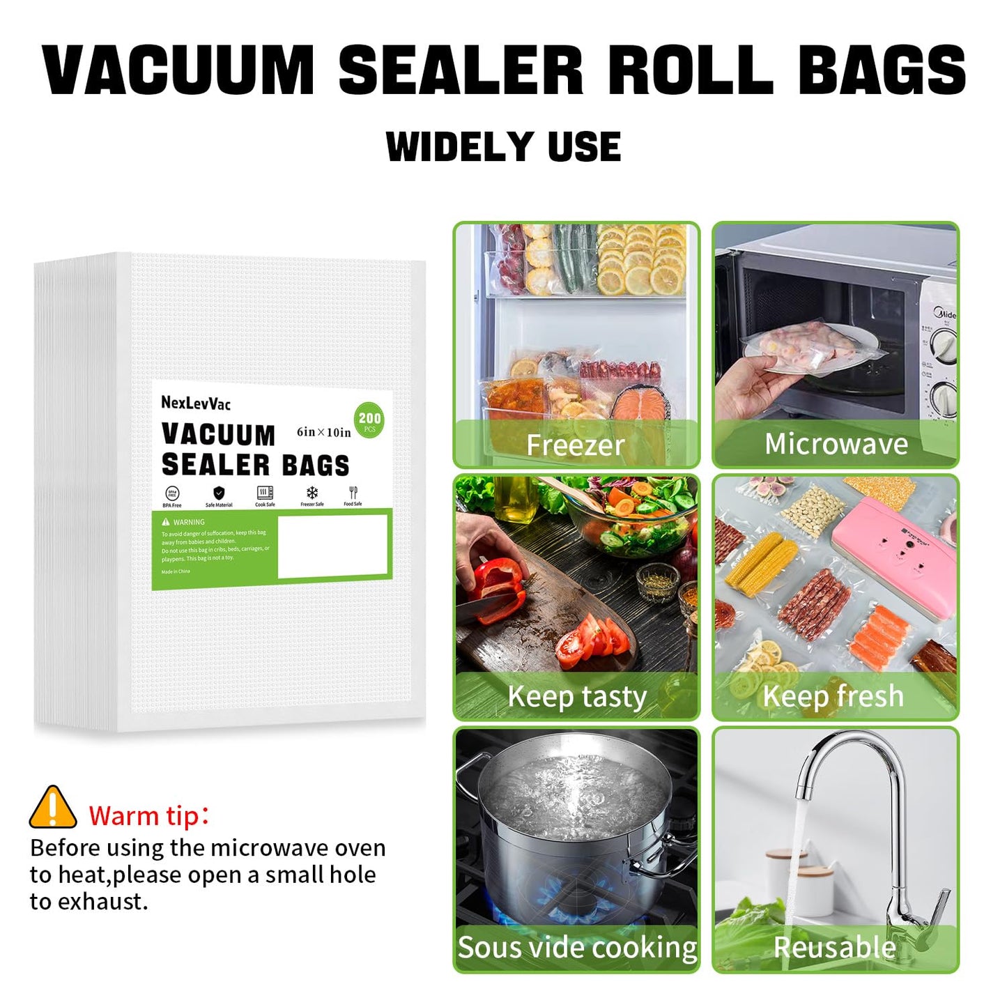 NexLevVac 100 Quart Vacuum Sealer Bags - 8x12 Inch, Heavy Duty Commercial Grade for Food Saver, Seal a Meal, Sous Vide, Meal Prep, Freezer Storage