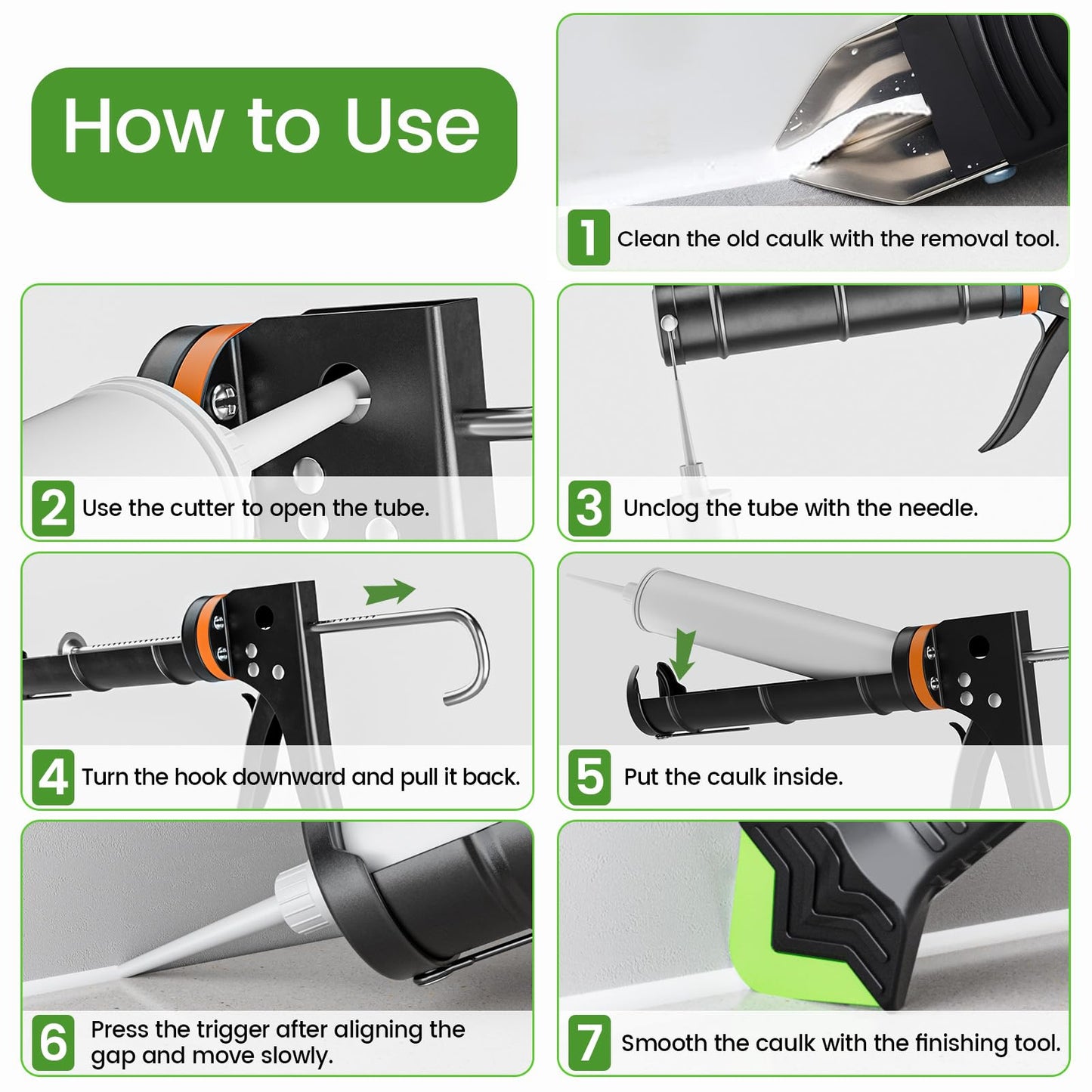 Professional Caulk Gun Kit with Caulk Remover Tool & Putty Knife - 5 in 1 Caulking Tool Set for Caulking Removal, Shower & Bathroom Caulk, Includes Caulking Gun Tool, Caulk Scraper Tool Spackle Knife