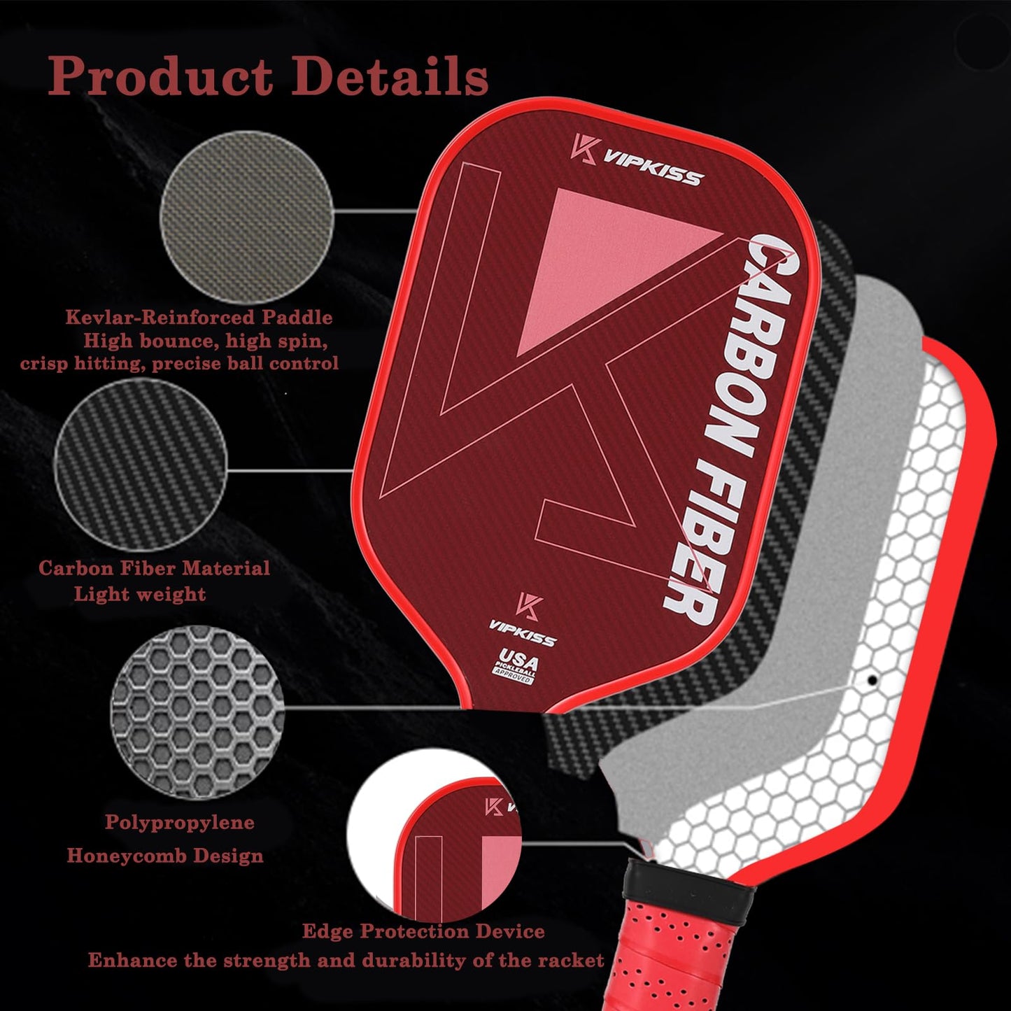 Pickleball Paddle, USAPA Approved Aramid Fiber Pickle Ball Paddle with 16MM Polypropylene Honeycomb Core, Lightweight Pickleball Racket for Men & Women, Durable Paddle for Indoor Outdoor Play