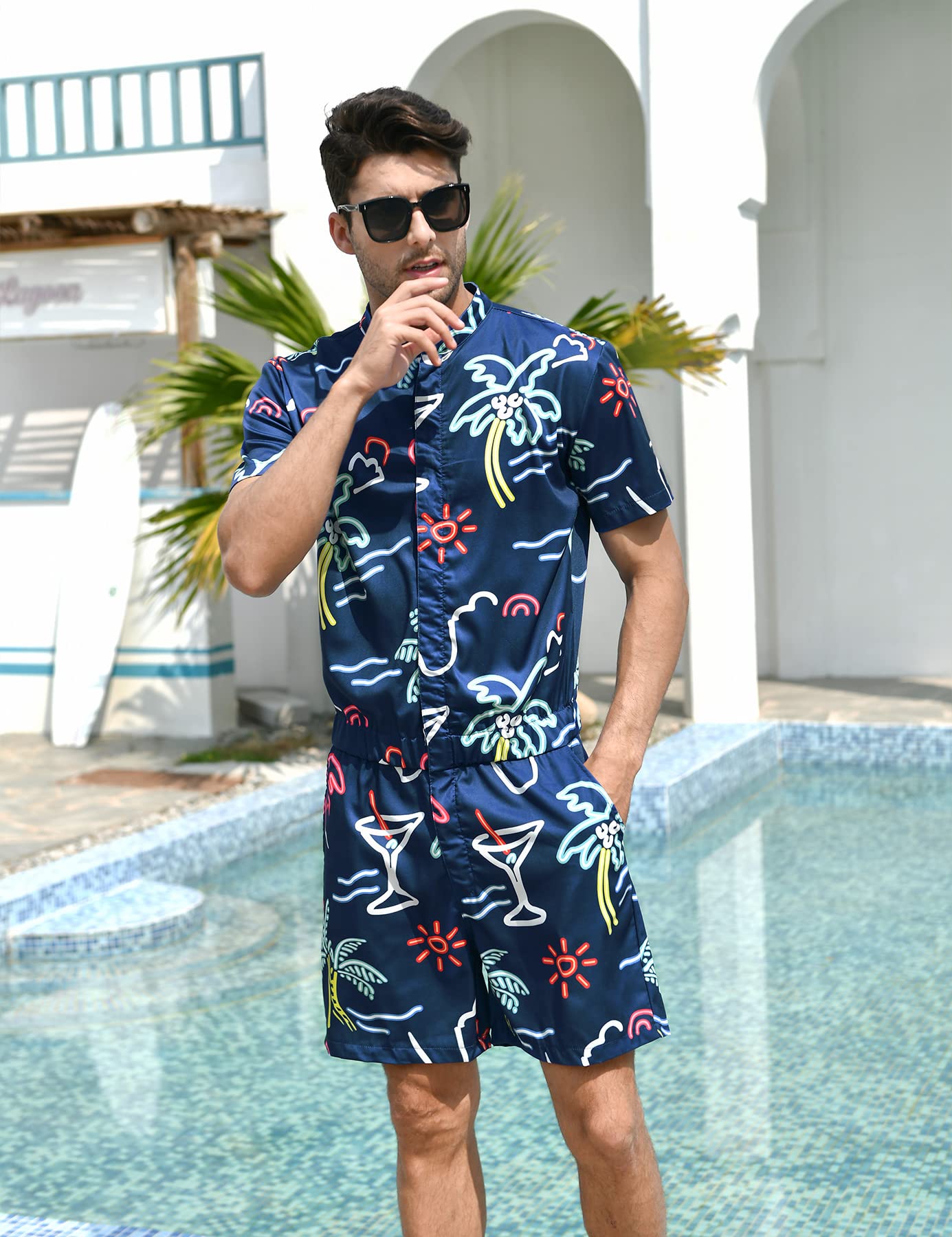 UNIFACO Mens Romper Hawaiian Outfits Coconut Tree Neon Print One Piece Zip Jumpsuit Rompers Navy Overall Party Shorts with Pocket L