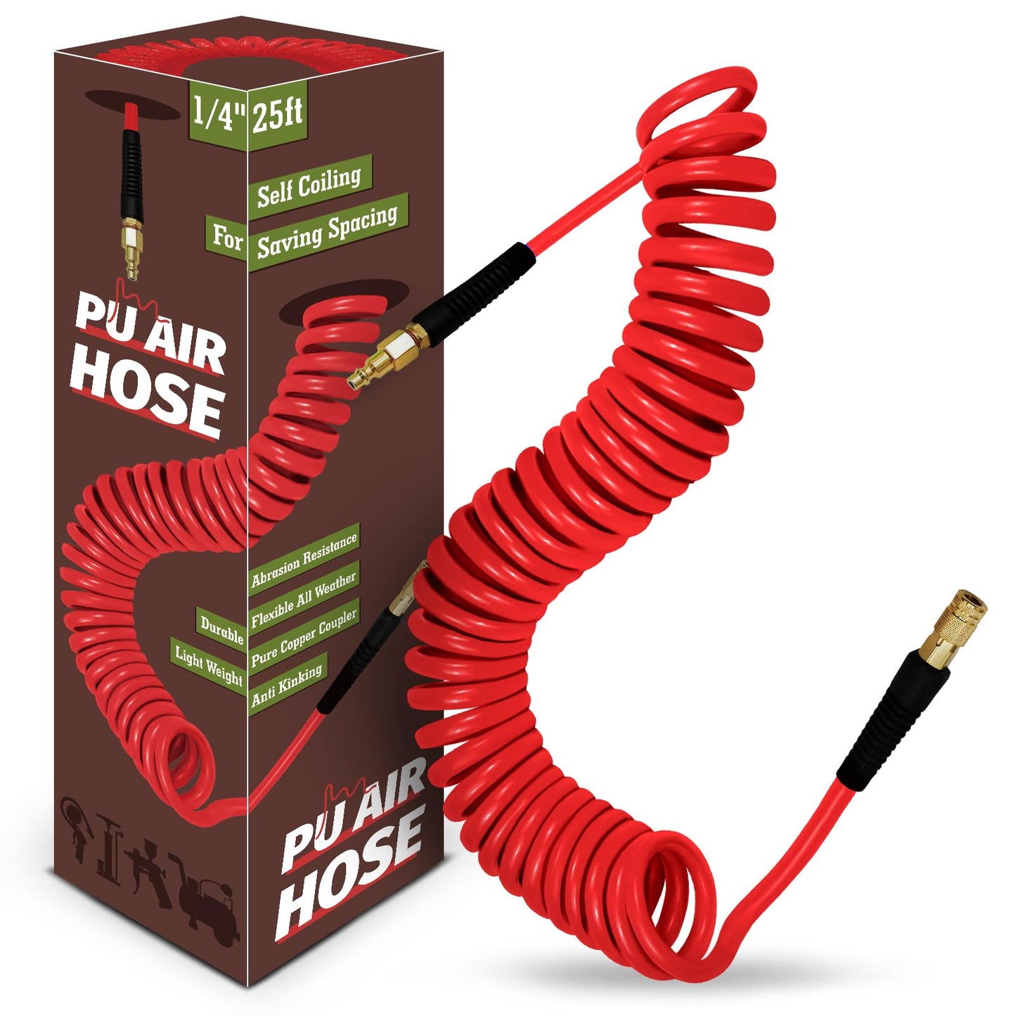 WHISPERING WONDER 1/4 in x 25 ft Polyurethane Air Hose with Bend Restrictor, Air Compressor Hose with 1/4 Solid 100% Pure Copper Quick Connect Fittings and I/M Plug Kit, Red