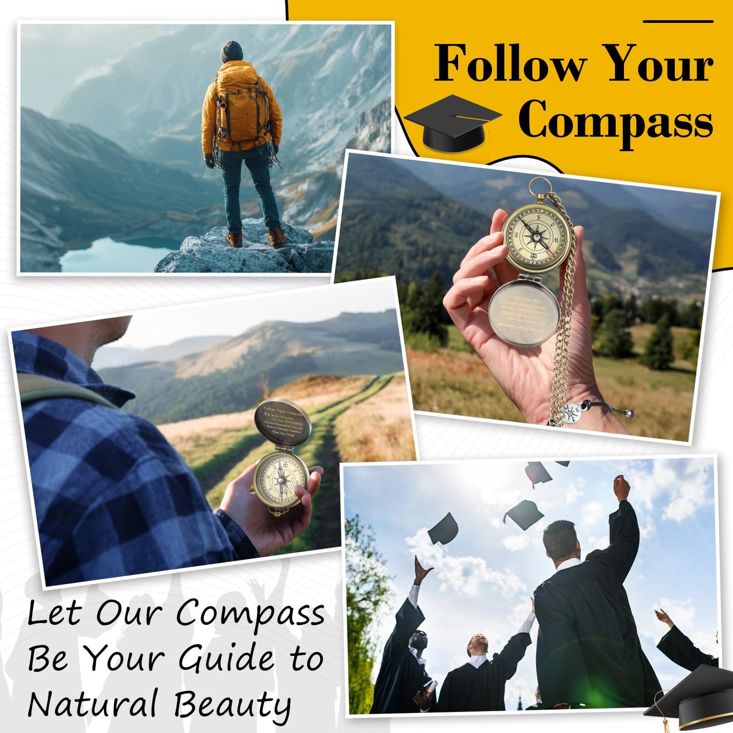 Compass Gift Set Engraved Compass with Chain Souvenir Present Bracelet with Greeting Card Walnut Wooden Box Gift Box for Graduation Father's Day Adventure Birthday Baptism Party Favors(Graduation)