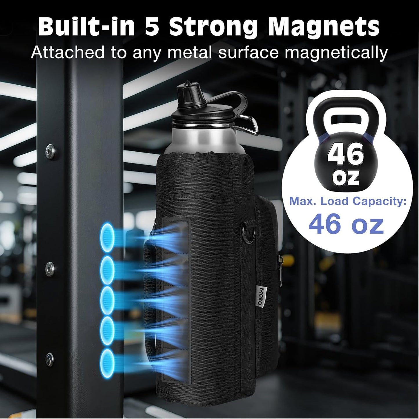 MoKo Magnetic Gym Bag - Water Bottle Holder with Clear Phone Pouch | 4 Built-in Magnets, Black