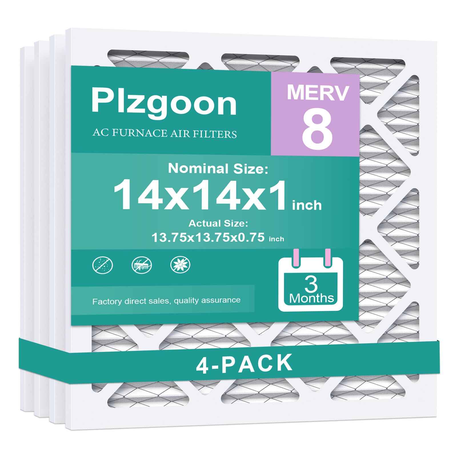 Plzgoon 14x14x1 Air Filter MERV 8 (4 Pack) MPR 600 Pleated Air Conditioner HVAC AC Furnace Air Filters Air Cleaning Filter for Home Dust Lint (Exact Dimensions: 13 3/4x13 3/4x3/4 Inches)