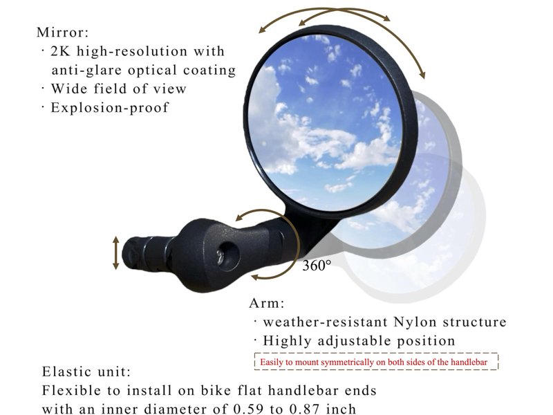 Generic Bike Handlebar-End Rear View Mirror, 2K HD Anti-Glare capability up to 50%, Shatterproof, Nylon Fiber Frame, Adjustable, 15-22mm Handlebar Fit (Silver, EV001S)