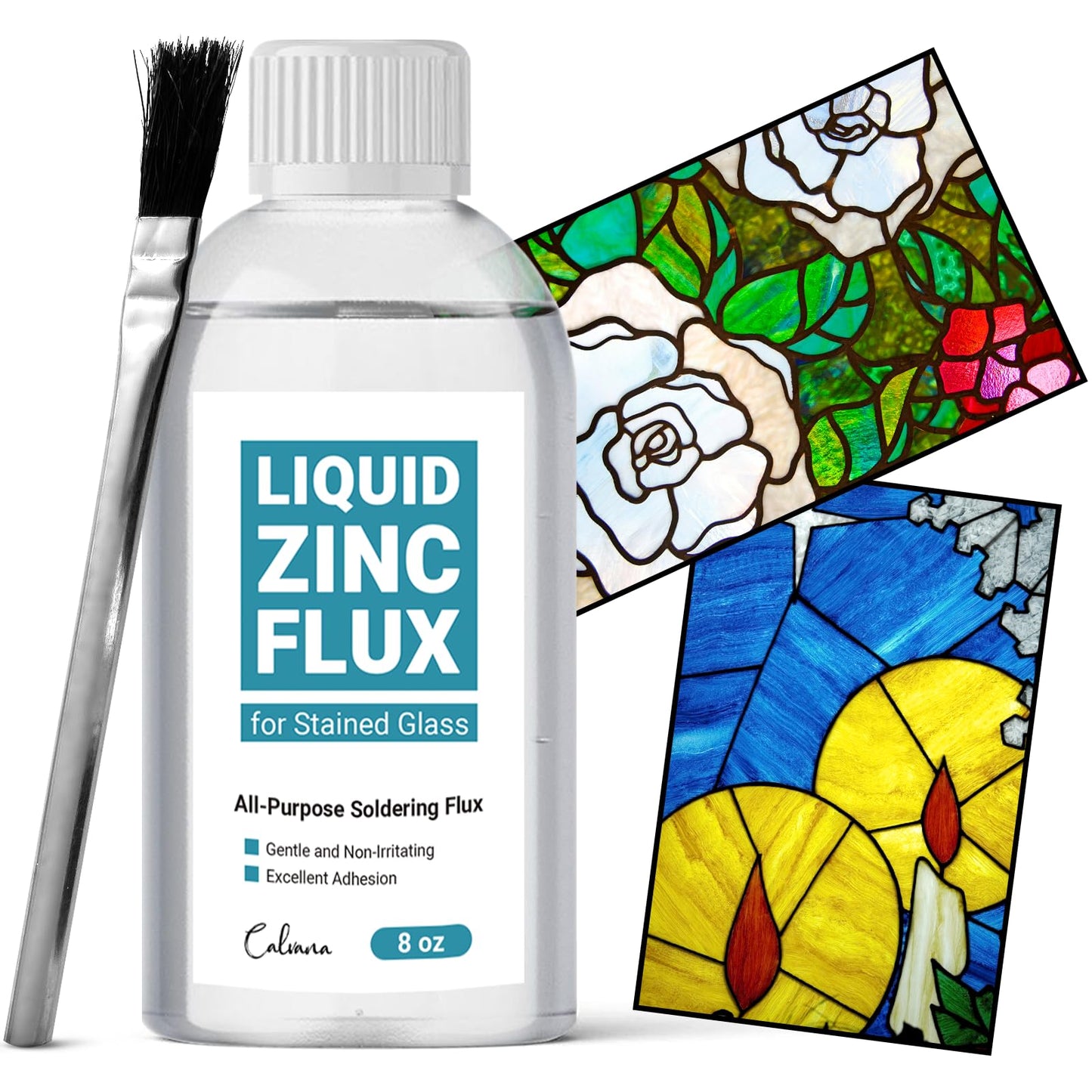 Calvana 8OZ Liquid Solder Flux for Stained Glass, Handy Soldering Flux with Flux Brush, Stained Glass Paint Supplies Kit & Starter Tools, Easy Clean Up, 237ml