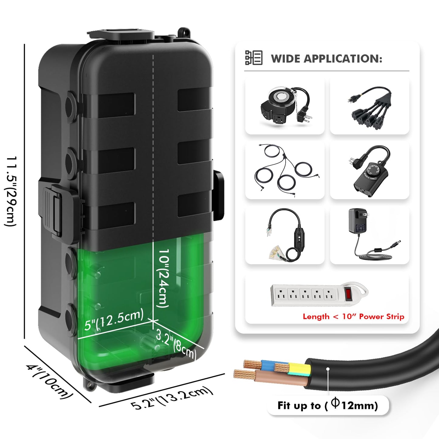 RESTMO Outdoor Electrical Box, IP54 Weatherproof Extension Cord Cover with 6 Cable Entry Ports, Waterproof Connection Box Protect Power Strip, Timer, Plug, Holiday Lights, (11.5x5.2x4 inch), Black