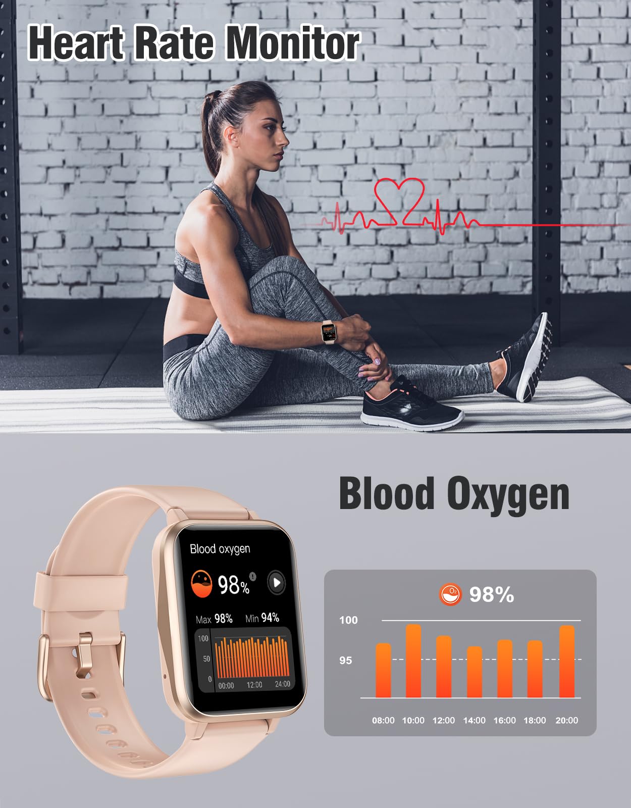 Fitness Tracker Fitness Watches for Women Men (Make/Answer Calls), 1.85" Smart Watch for iPhone/Android Phones, Heart Rate/Sleep Monitor Steps Tracker Watch Pedometer IP68 Waterproof (Pink/gold)
