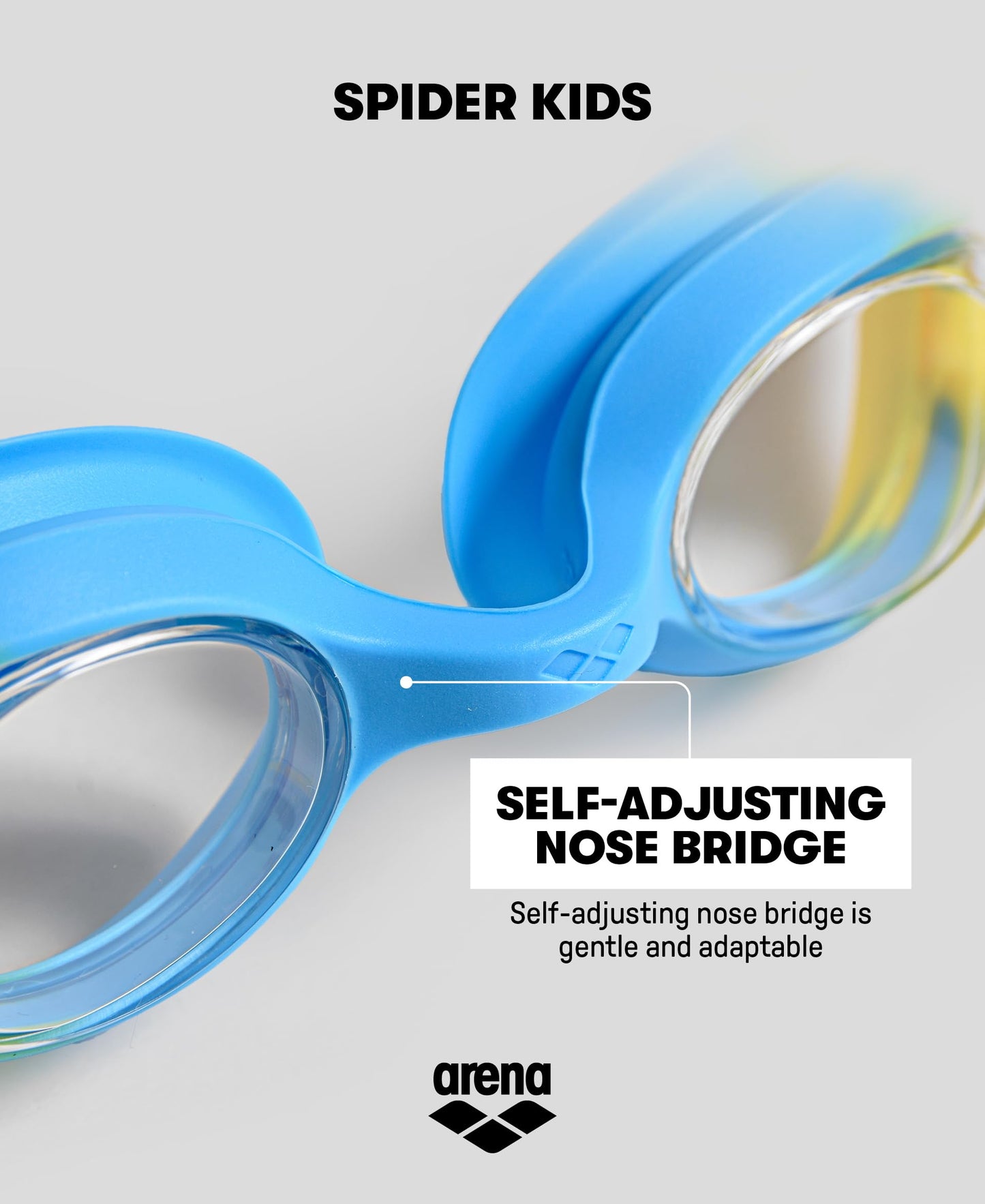 ARENA Unisex Spider Kids Swim Goggles for Boys and Girls Ages 2 to 5, Anti-Fog Non-Mirror Lens, Easy to Use Strap No Leak Goggle, Clear/Yellow/Lightblue