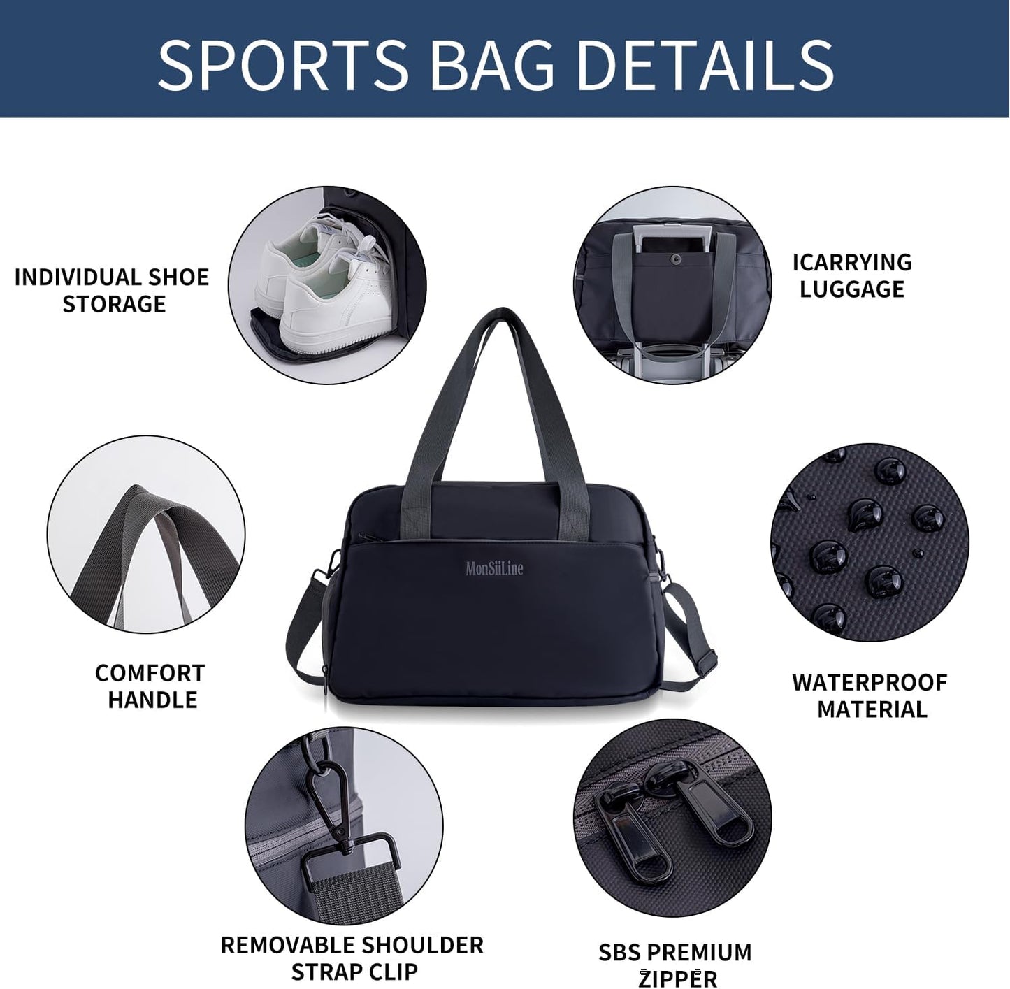 Skiennix Gym Bag - Waterproof Duffle with Shoe Compartment | Lightweight Travel Tote (Black)