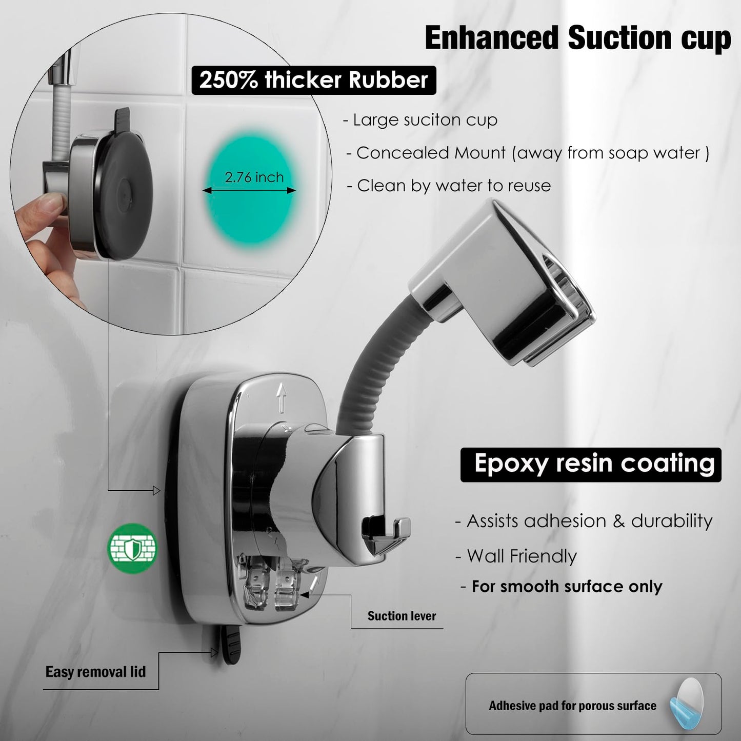 Suction Cup Handheld Shower Head Holder - Reusable - 360 Swivel Adjustable - Wall Mount Shower Wand Holder - ( Chrome Finish)
